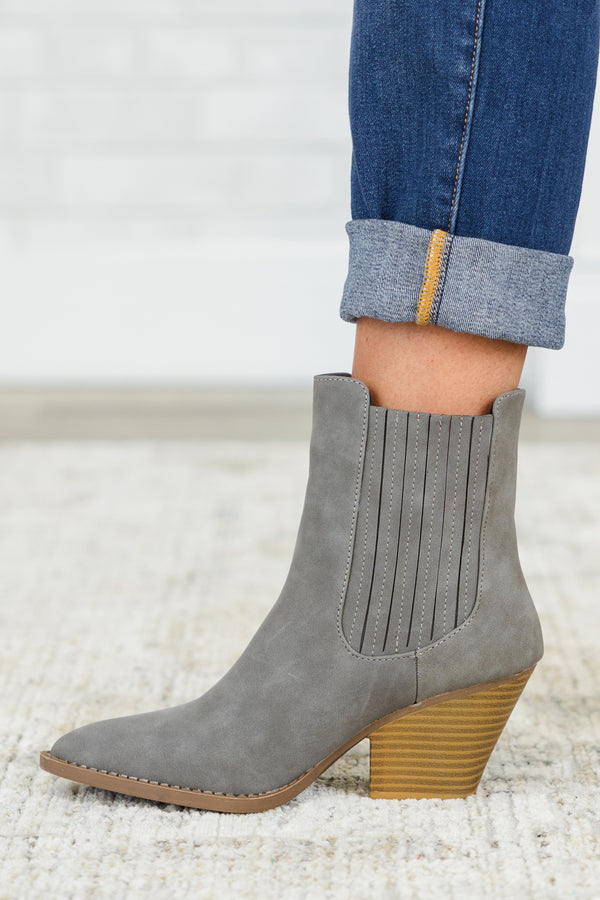 Chic Soul plus size clothing, grey chelsea ankle booties with brown wedge heel