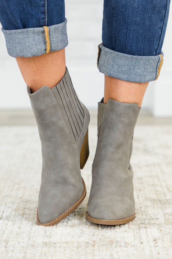 Chic Soul plus size clothing, grey chelsea ankle booties with brown wedge heel