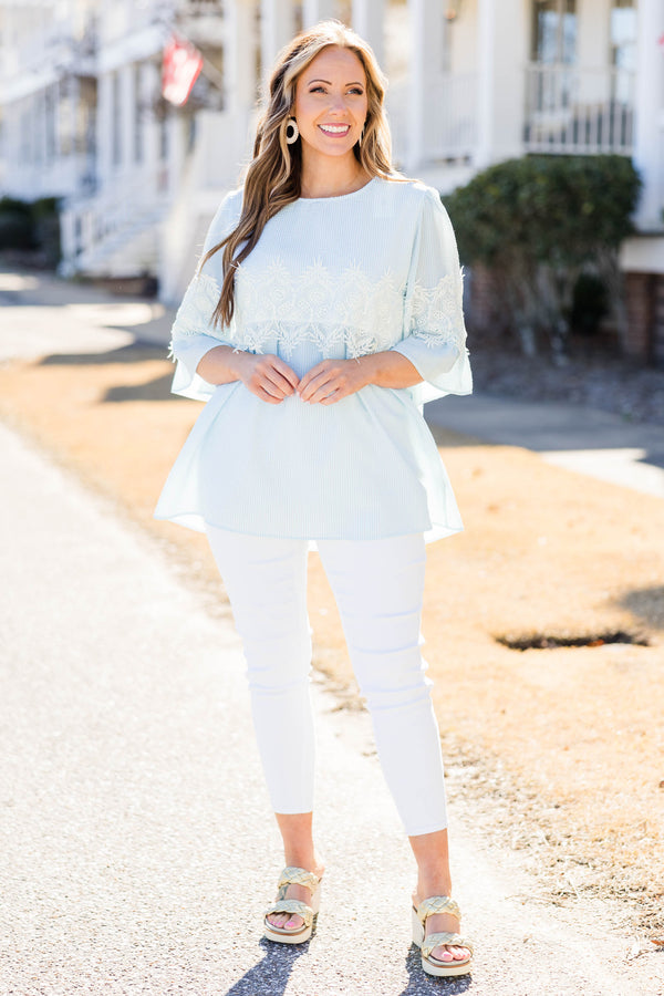 Chic Soul plus size clothing, mint top with lace attachments on the waist and mid length sleeves