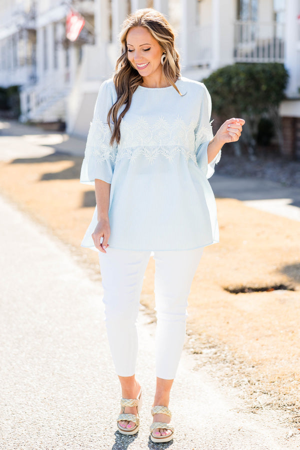 Chic Soul plus size clothing, mint top with lace attachments on the waist and mid length sleeves