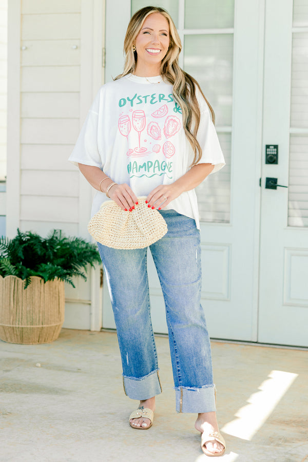 Chic Soul plus size clothing, white half sleeve tee with teal and light pink oyster and champagne graphic