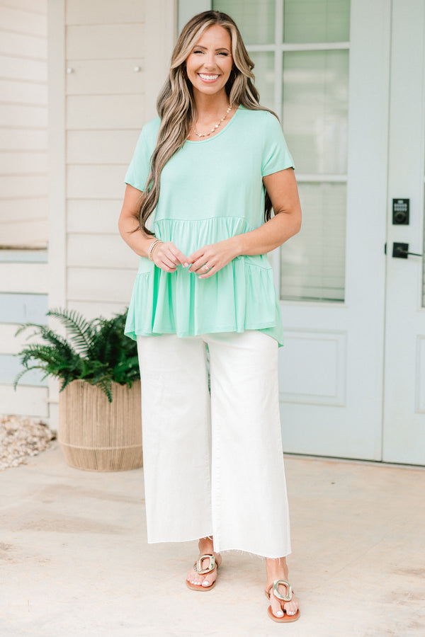 Chic Soul plus size clothing, mint short sleeve tiered top with round neckline