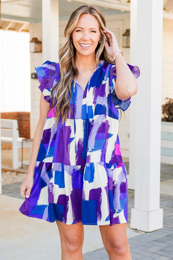 Chic Soul plus size clothing, multicolor abstract pattern tiered flowy dress with ruffle sleeves