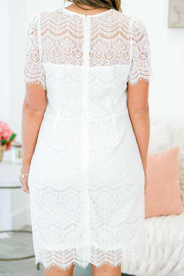 Chic Soul plus size clothing, off white lace knee length dress with short sleeves