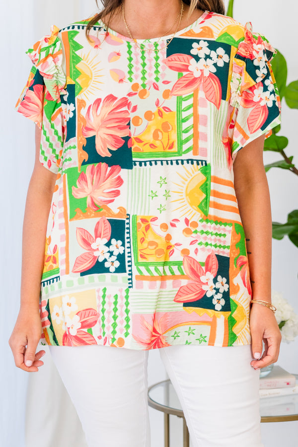Chic Soul plus size clothing, peach plaid print top with short sleeves