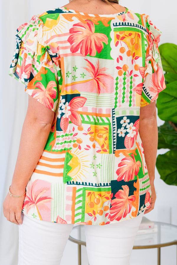 Chic Soul plus size clothing, peach plaid print top with short sleeves