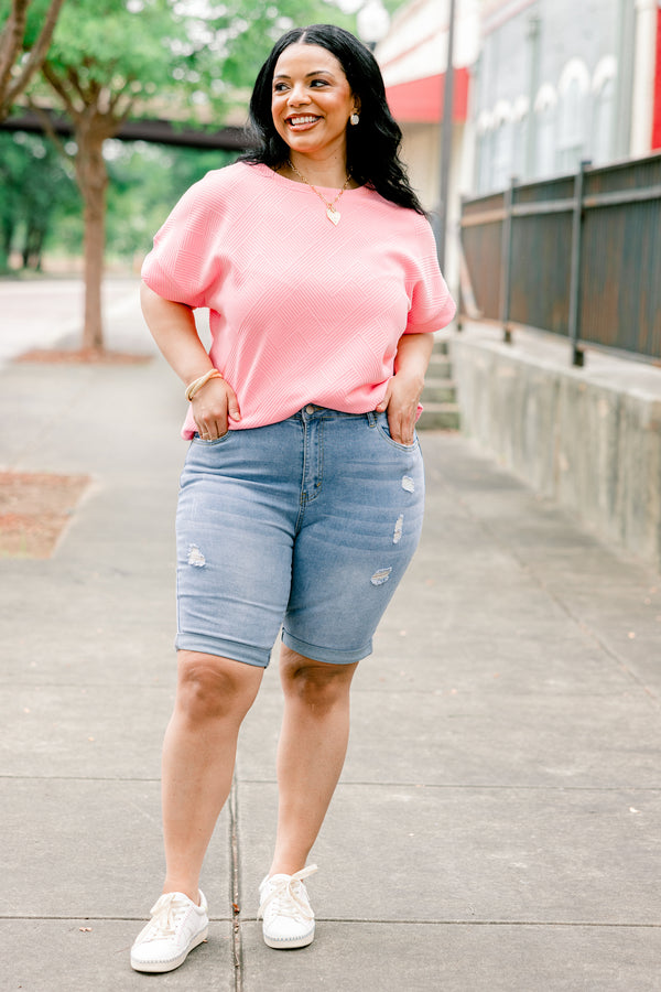 Chic Soul plus size clothing, light wash denim shorts with cuff detail and minimal distressing