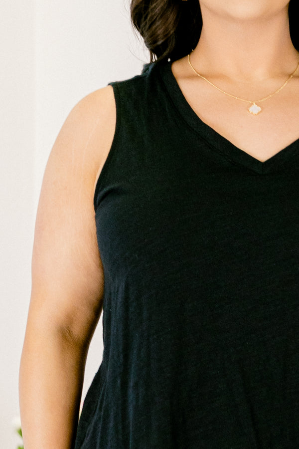 Chic Soul plus size clothing, black casual tank top with a slight v-neck 
