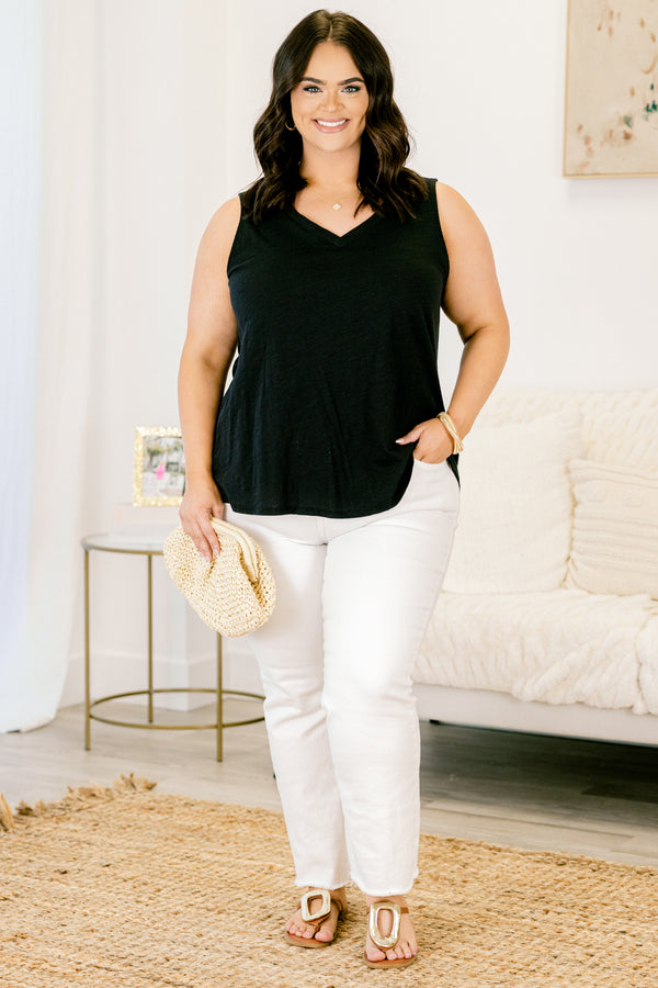 Chic Soul plus size clothing, black casual tank top with a slight v-neck 
