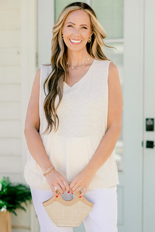 Chic Soul plus size clothing, oatmeal colored thin v-neck tank top