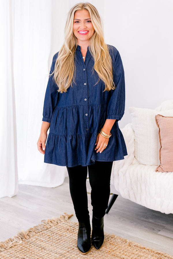 Chic Soul plus size clothing, dark wash buttoned tunic with 3/4 sleeve
