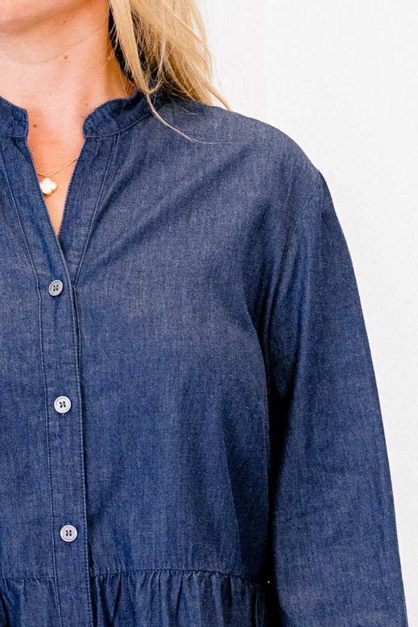 Chic Soul plus size clothing, dark wash buttoned tunic with 3/4 sleeve