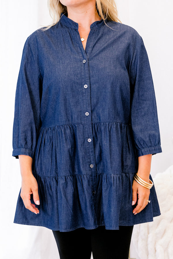 Chic Soul plus size clothing, dark wash buttoned tunic with 3/4 sleeve
