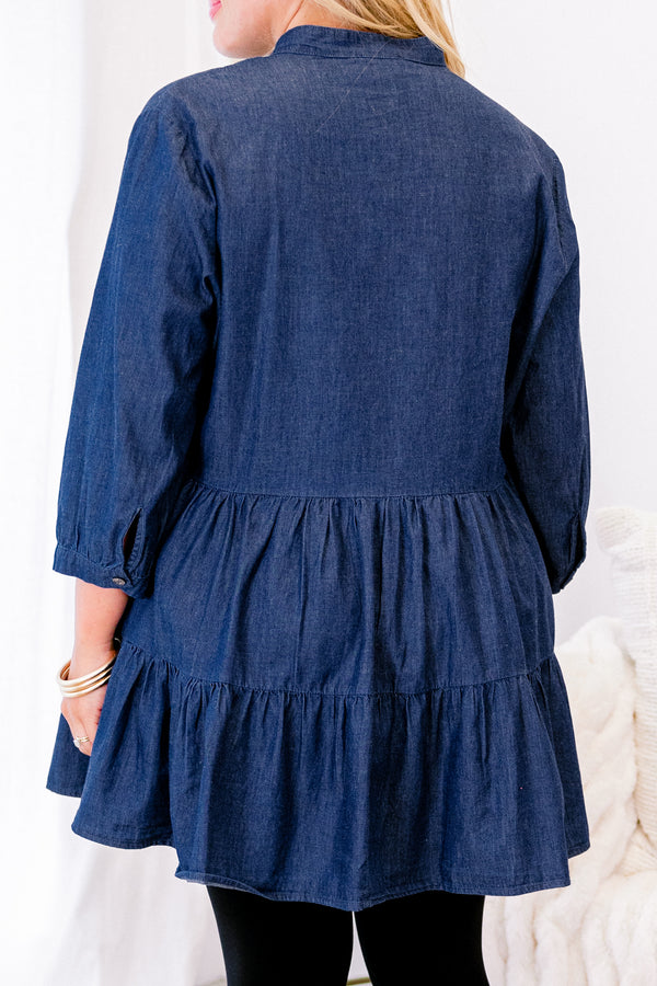 Chic Soul plus size clothing, dark wash buttoned tunic with 3/4 sleeve