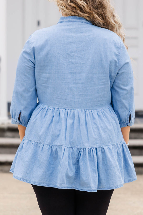 Chic Soul plus size clothing, light wash blue button down tiered tunic with bubble sleeves