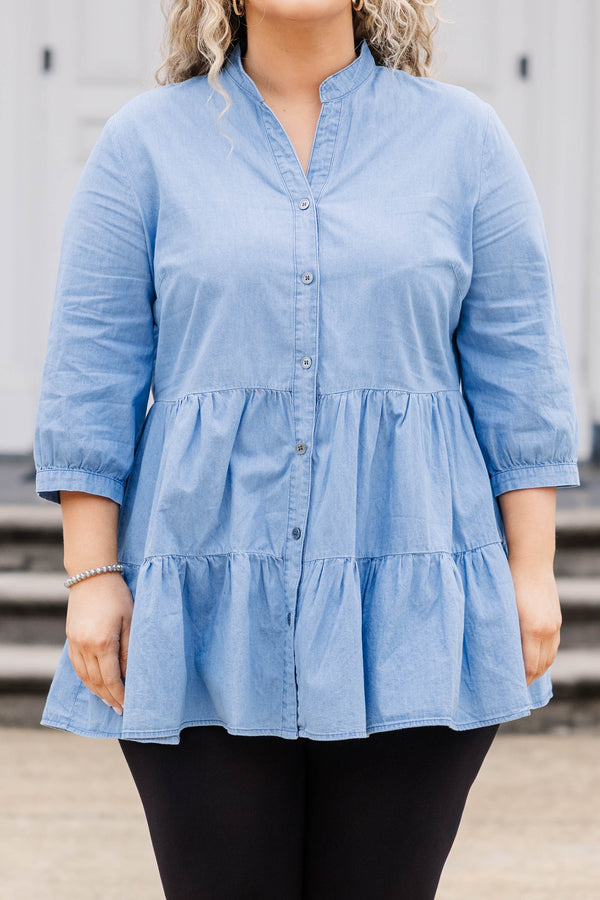 Chic Soul plus size clothing, light wash blue button down tiered tunic with bubble sleeves