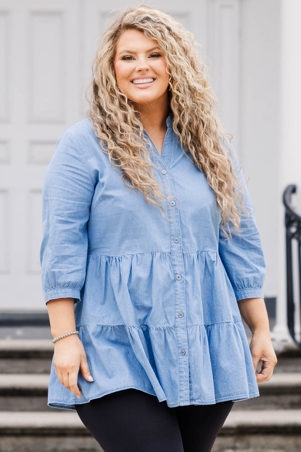 Chic Soul plus size clothing, light wash blue button down tiered tunic with bubble sleeves