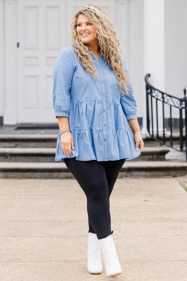 Chic Soul plus size clothing, light wash blue button down tiered tunic with bubble sleeves