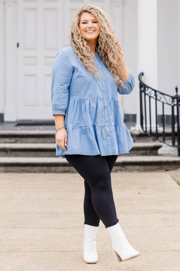 Chic Soul plus size clothing, light wash blue button down tiered tunic with bubble sleeves