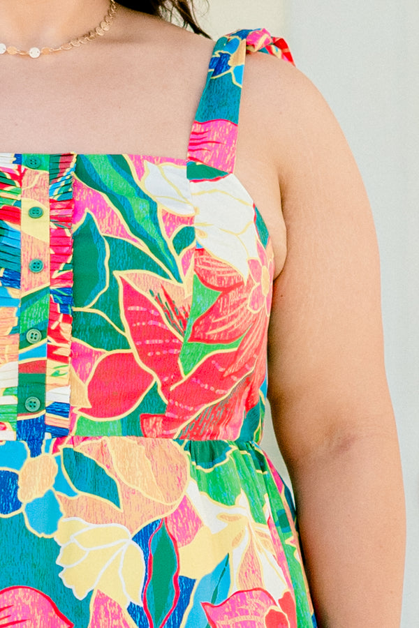 Chic Soul plus size clothing, multicolored tropical floral half-button babydoll top with shoulder straps tied into bows and ruching on upper back