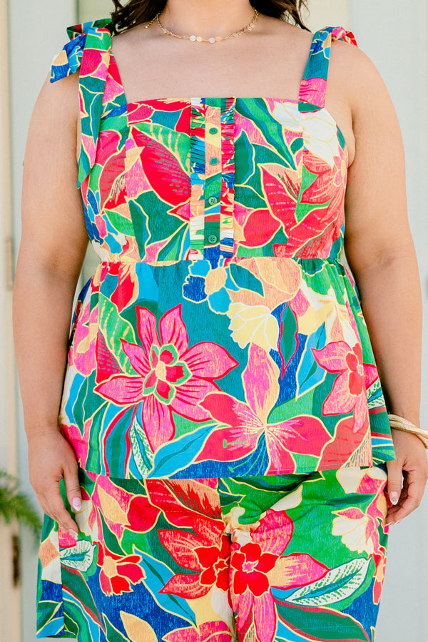 Chic Soul plus size clothing, multicolored tropical floral half-button babydoll top with shoulder straps tied into bows and ruching on upper back