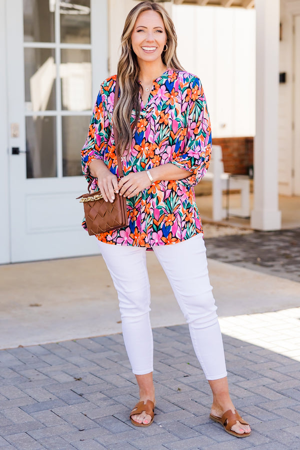 Chic Soul plus size clothing, multi floral print three quarter length sleeve top with v cutout on neckline