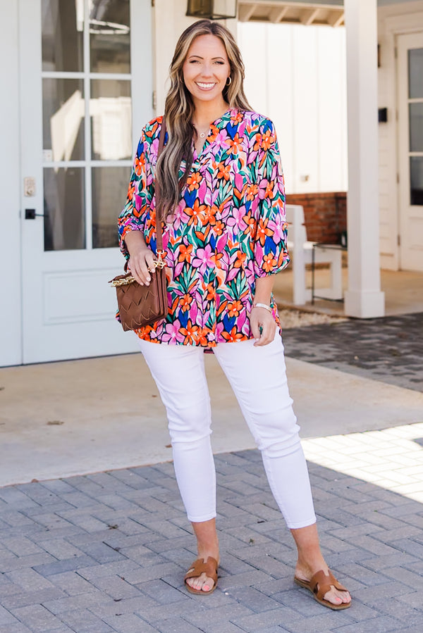 Chic Soul plus size clothing, multi floral print three quarter length sleeve top with v cutout on neckline