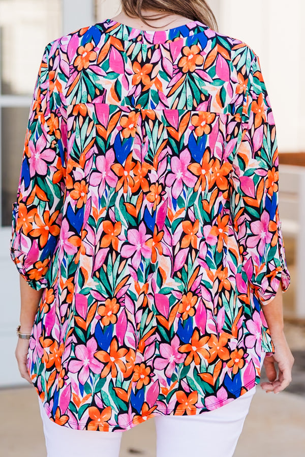 Chic Soul plus size clothing, multi floral print three quarter length sleeve top with v cutout on neckline