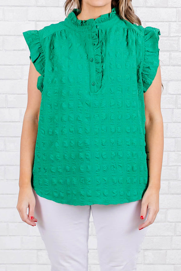 Chic Soul plus size clothing, kelly green textured material top with ruffle sleeves