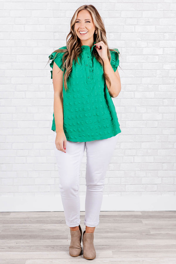 Chic Soul plus size clothing, kelly green textured material top with ruffle sleeves