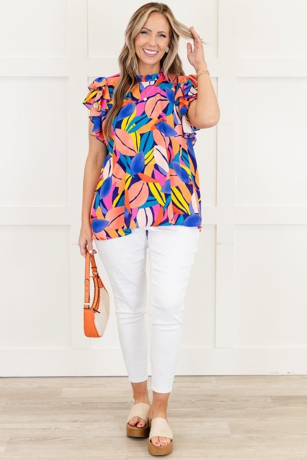Chic Soul plus size clothing, royal blue short sleeve abstract floral top in multicolor with ruffle sleeves and mock neckline