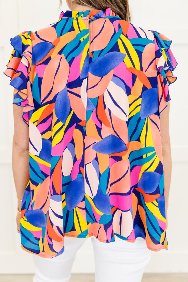 Chic Soul plus size clothing, royal blue short sleeve abstract floral top in multicolor with ruffle sleeves and mock neckline