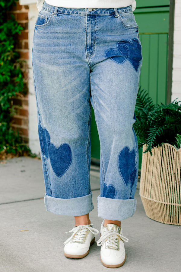 Chic Soul plus size clothing, medium wash straight leg denim jeans with dark denim heart patches