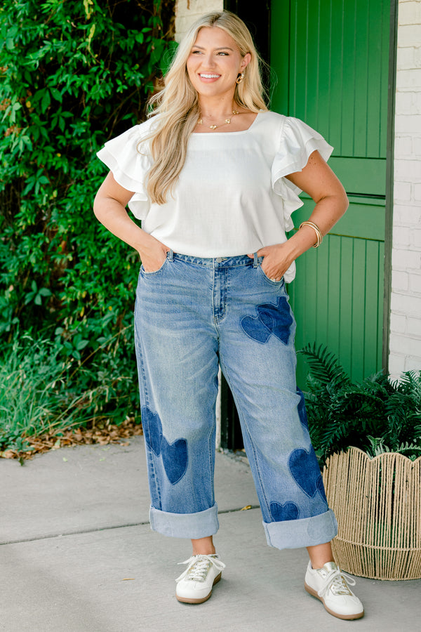 Chic Soul plus size clothing, medium wash straight leg denim jeans with dark denim heart patches