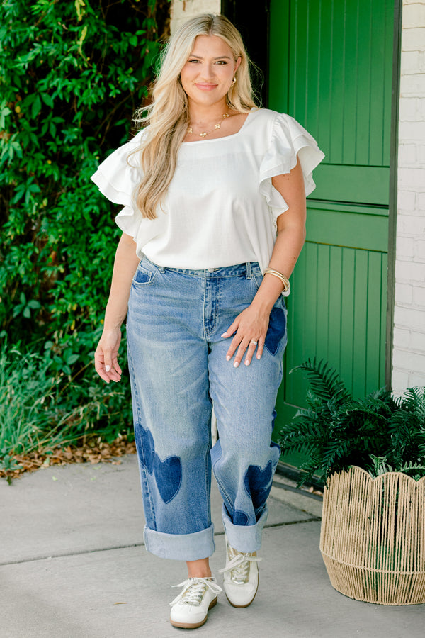 Chic Soul plus size clothing, medium wash straight leg denim jeans with dark denim heart patches