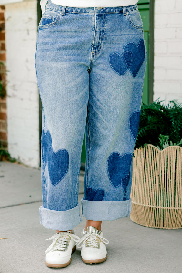Chic Soul plus size clothing, medium wash straight leg denim jeans with dark denim heart patches