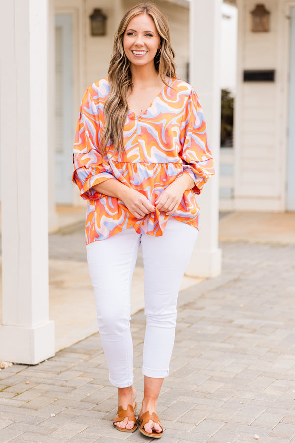 Chic Soul plus size clothing, orange-lavender abstract print three quarter length sleeve top with v neckline and tier ruffles along sleeve
