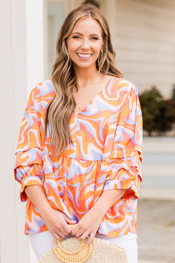 Chic Soul plus size clothing, orange-lavender abstract print three quarter length sleeve top with v neckline and tier ruffles along sleeve