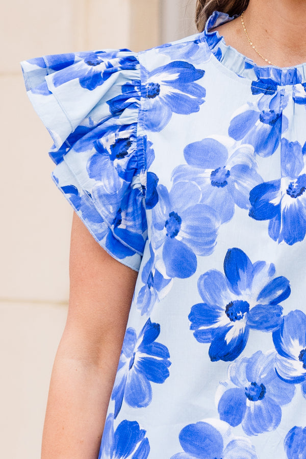 Chic Soul plus size clothing, short sleeve blue floral top with ruffle tier sleeves