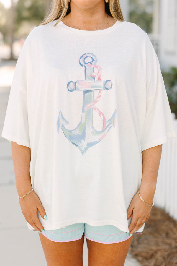 Chic Soul plus size clothing, white oversized boyfriend tee with watercolor anchor graphic