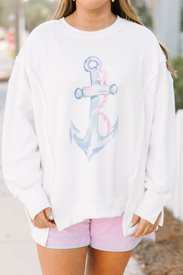 Chic Soul plus size clothing, white comfy crew sweatshirt with watercolor anchor graphic