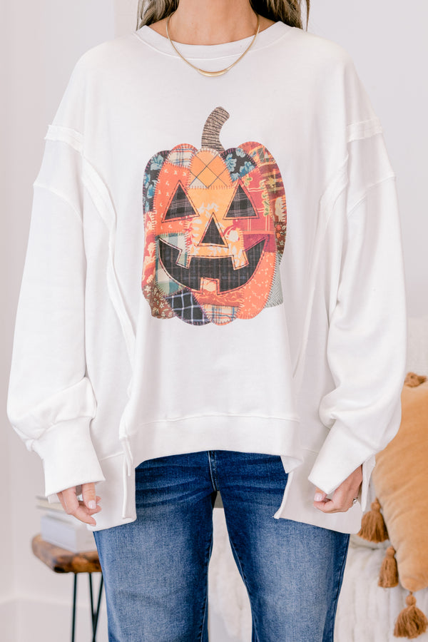Chic Soul plus size clothing, Ivory oversized long sleeve crew neck sweater with patchwork carved pumpkin on the front