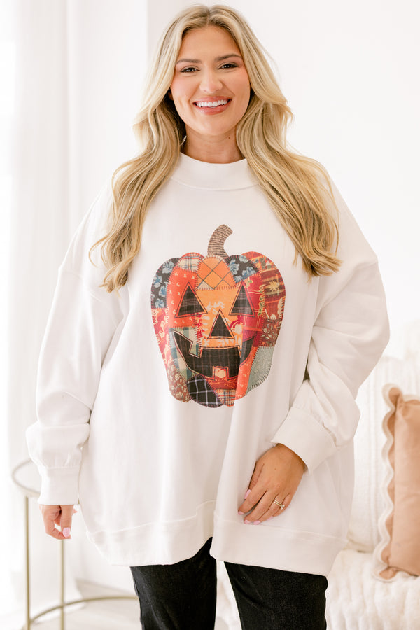 Chic Soul plus size clothing, ivory mock neck sweatshirt with a patchwork design pumpkin on the chest