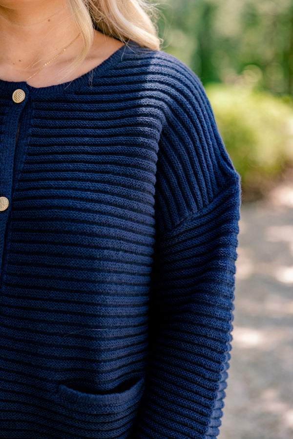 Chic Soul plus size clothing, navy blue long sleeve button up cardigan with 2 front pockets