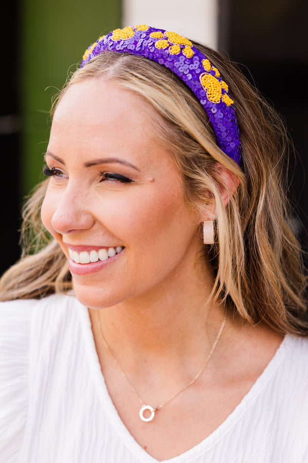 Chic Soul plus size clothing, thick purple sequined headband with yellow beaded paw print pattern