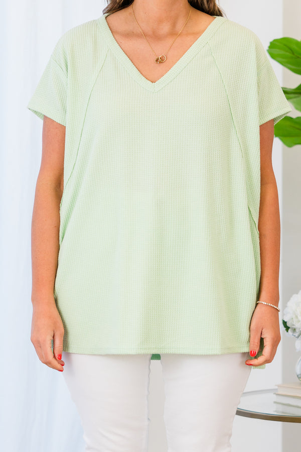 Chic Soul plus size clothing, sage green short sleeve waffle top with v neckline