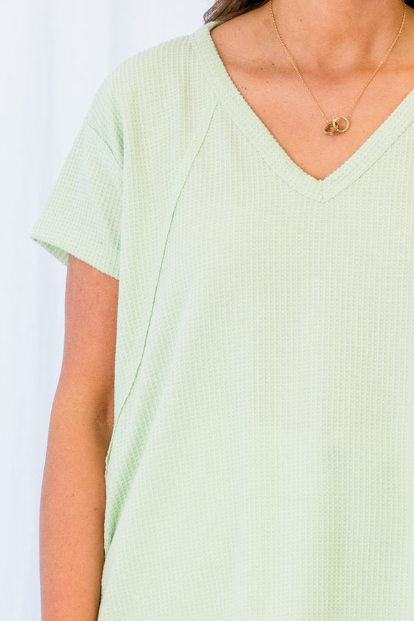 Chic Soul plus size clothing, sage green short sleeve waffle top with v neckline