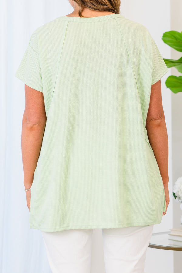 Chic Soul plus size clothing, sage green short sleeve waffle top with v neckline