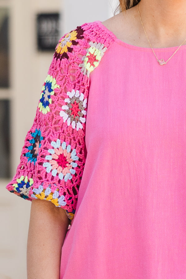 Chic Soul plus size clothing, bubblegum pink short sleeve top with crochet sleeves