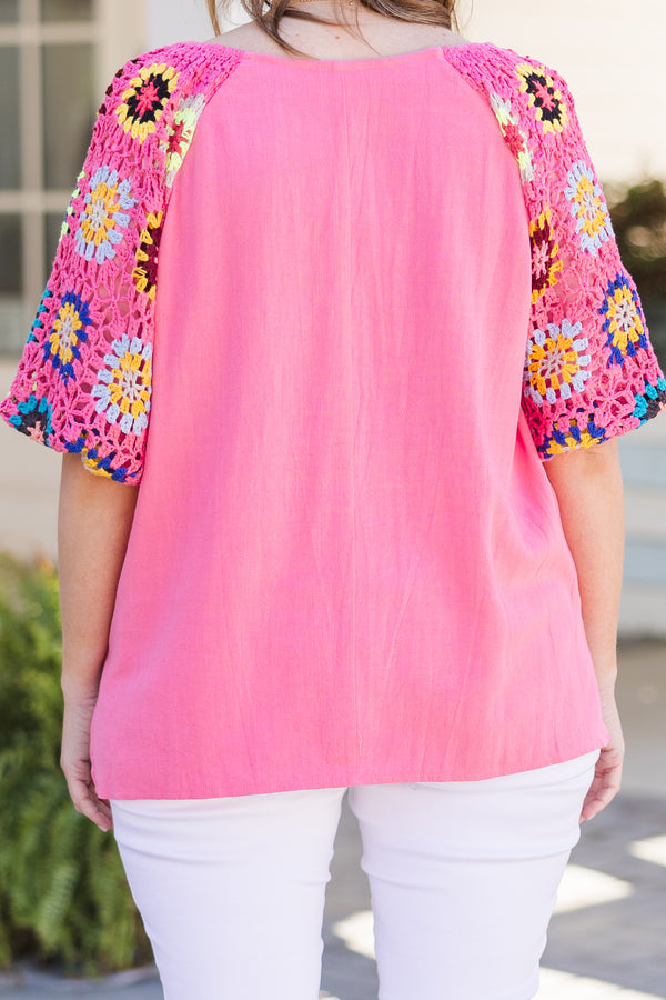 Chic Soul plus size clothing, bubblegum pink short sleeve top with crochet sleeves